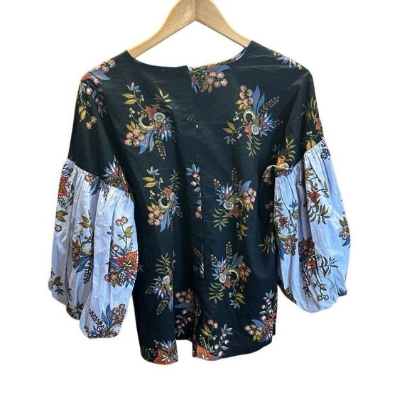 Ann Taylor LOFT Extra Small XS Balloon Sleeve Black Blue Floral Button Back - Picture 3 of 6